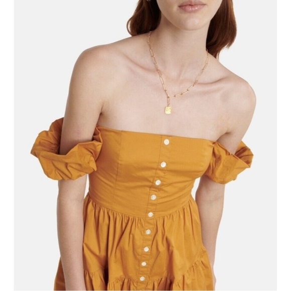 Staud Elio‎ Mini Dress Women’s Size 12 Off Shoulder Coquette Cotton Honey Yellow - Picture 3 of 12